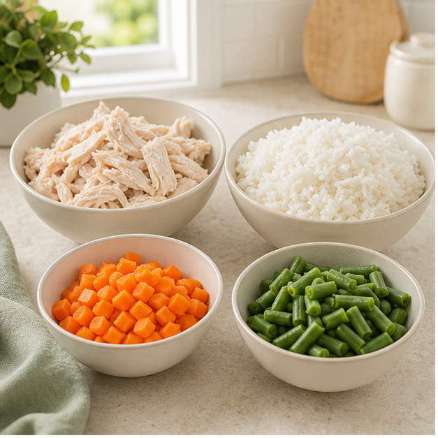 Step 1: Set out a bowl, fork, spoon, and four small silicone cups or a clean tray.