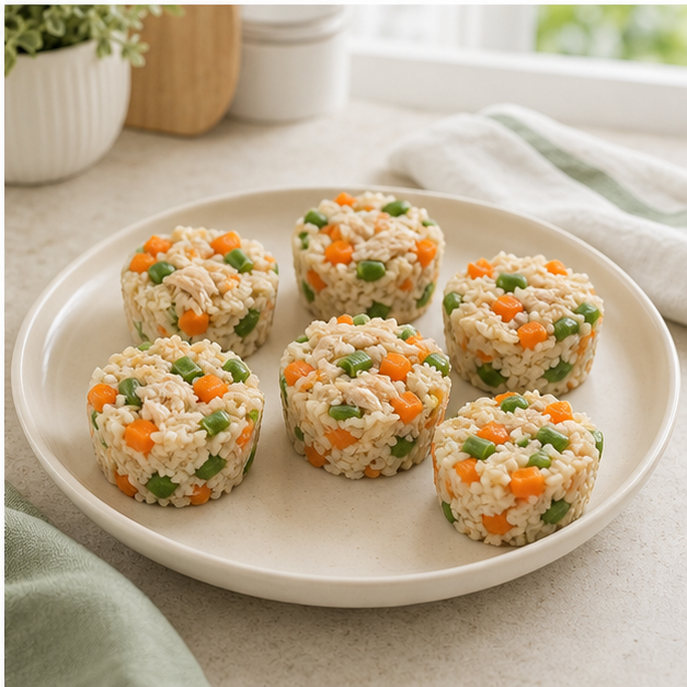 Step 4: Press tiny portions into the cups, chill until set, and place a small amount beside regular food when serving.