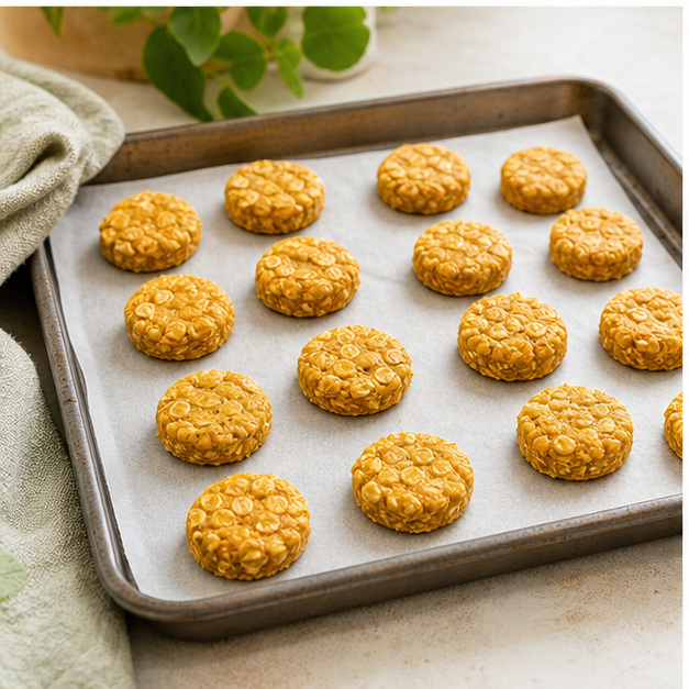 Step 3: Stir the plain pumpkin puree and peanut butter together until smooth, then add oat flour and beaten egg until a soft dough forms.