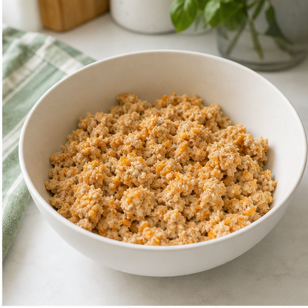 Step 2: Stir the cooked turkey, mashed sweet potato, ground oats, and beaten egg together until the mixture holds together.